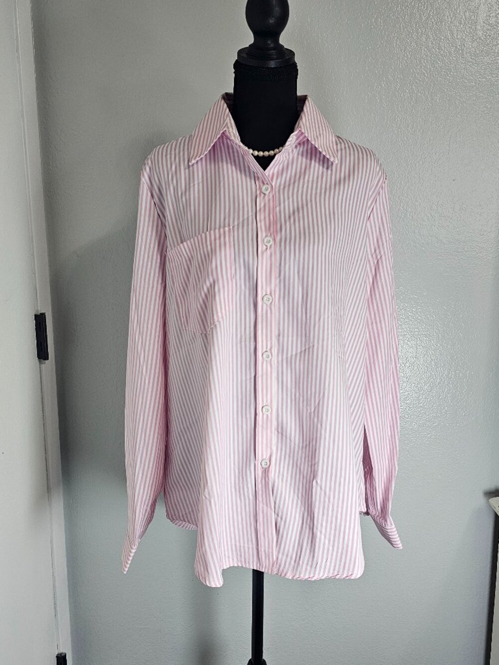 Unbranded Pink White Strpes Button Down Long Sleeves Women's Polo Shirt Sz L NEW - Picture 2 of 5